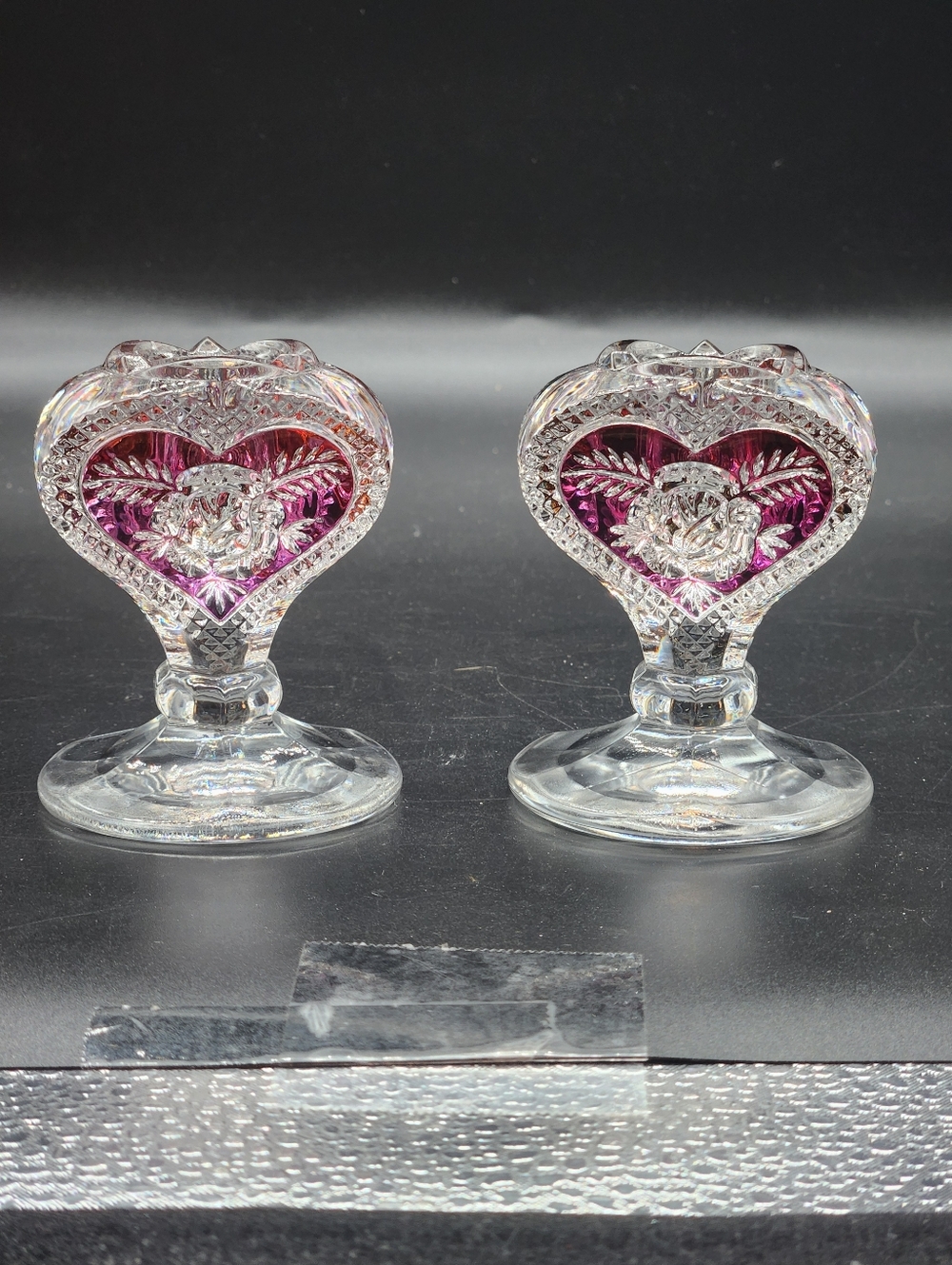 Vintage Enesco Crystal Glass Candle Holders W/Red Heart & Rose Motif, Set Of 2